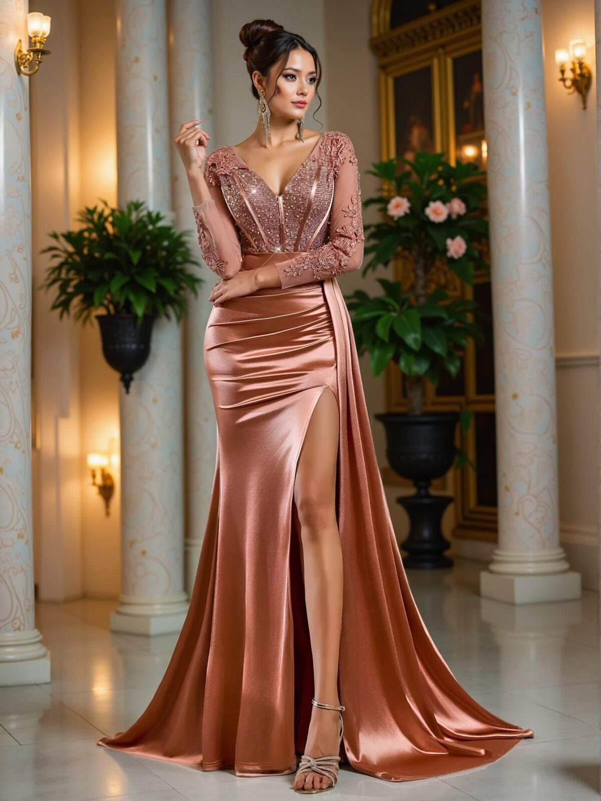 Elegant Dusty Pink Exquisite V-Neck Long Sleeve Lace Sequin Embroidered Bodycon Fishtail Maxi Dress with Sheer Panel and Stretchy Crepe Fabric, Ideal for Weddings, Parties, Cocktails, Holidays, Gala Events, and Formal Evenings. Perfect for party, prom, graduation day, and ceremony for university, college, and high school, Formal Evening Dinner Cocktail, Wedding Guest Gown, Chic, Classy and Trendy Fashion Style to Dress to Impress. - Image 4