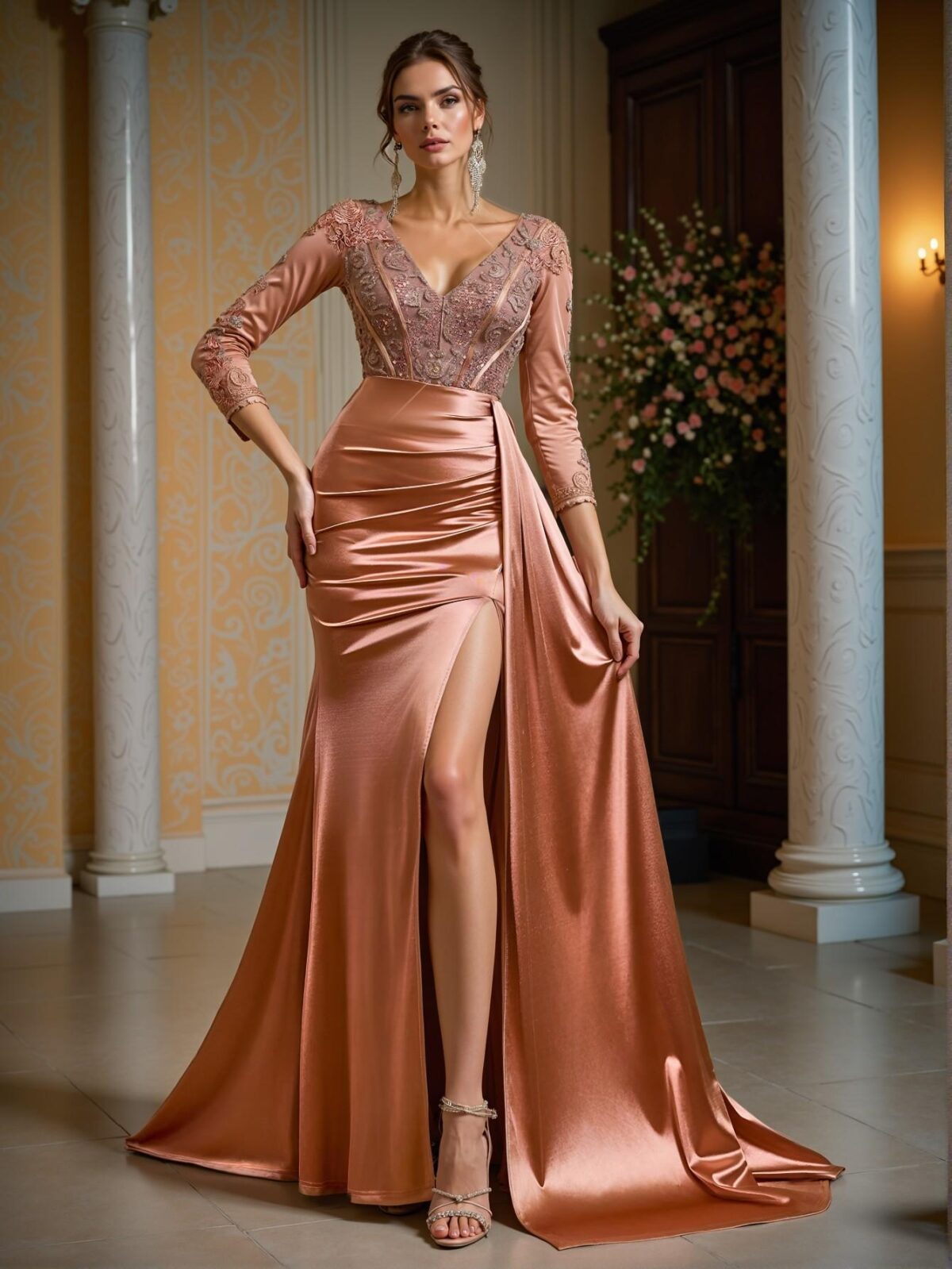 Elegant Dusty Pink Exquisite V-Neck Long Sleeve Lace Sequin Embroidered Bodycon Fishtail Maxi Dress with Sheer Panel and Stretchy Crepe Fabric, Ideal for Weddings, Parties, Cocktails, Holidays, Gala Events, and Formal Evenings. Perfect for party, prom, graduation day, and ceremony for university, college, and high school, Formal Evening Dinner Cocktail, Wedding Guest Gown, Chic, Classy and Trendy Fashion Style to Dress to Impress. - Image 5