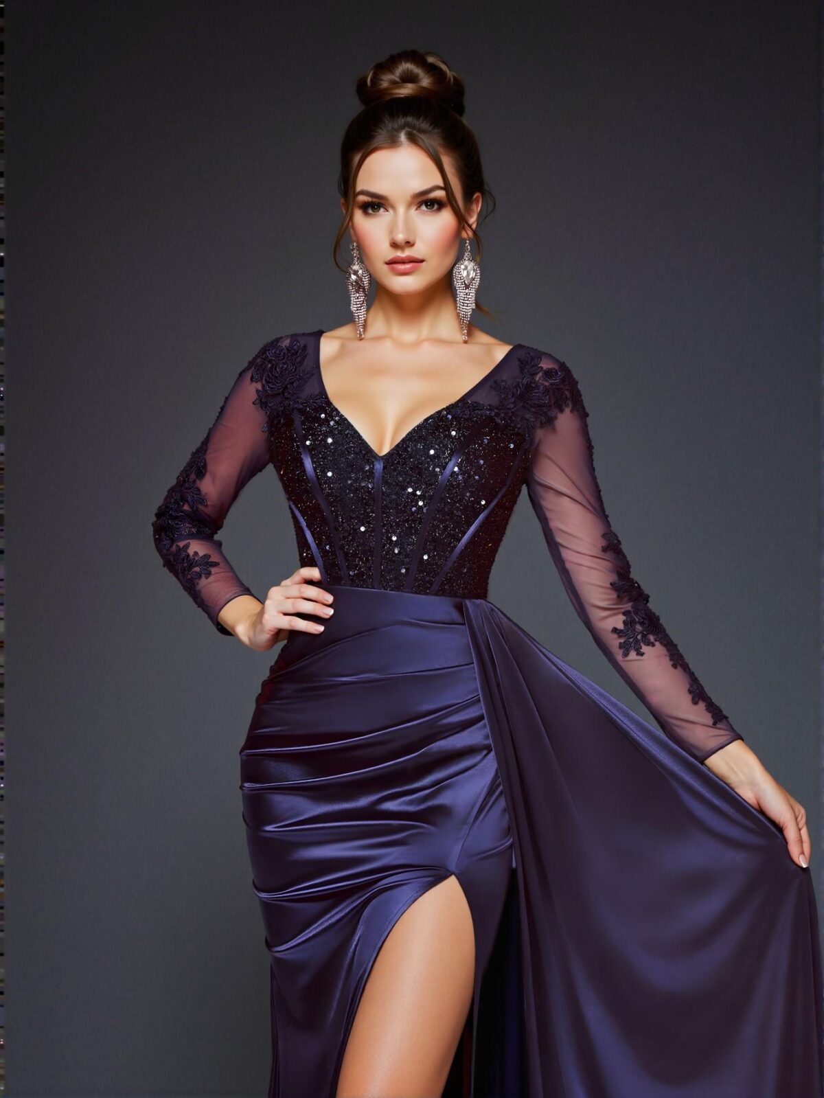 Elegant Navy Blue Luxe V Neck Lace Embroidered Mermaid Dress with Sheer Long Sleeves and Slit Hem - Perfect for party, prom, graduation day, and ceremony for university, college, and high school, Formal Evening Dinner Cocktail, Wedding Guest Gown, Chic, Classy and Trendy Fashion Style to Dress to Impress. - Image 2