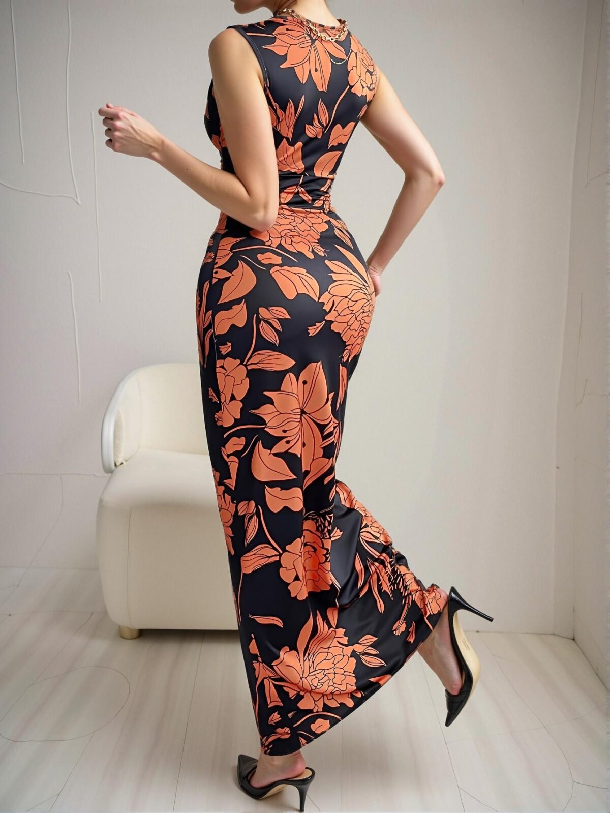 Elegant Orange Tropical Floral Back Slit Bodycon Maxi Dress, Perfectly Stylish for Spring and Summer Vacations, Chic, Classy and Trendy Fashion Style to Dress to Impress - Image 2
