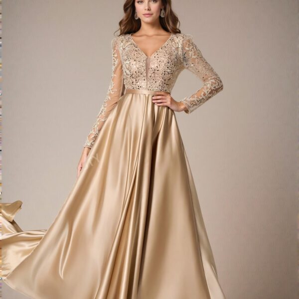 Elegant Champagne Glitzy Deep V Neck Sequin Bodice Flared Hem Gown, Perfect for party, prom, graduation day, and ceremony for university, college, and high school, Formal Evening Dinner Cocktail, Wedding Guest Gown, Chic, Classy and Trendy Fashion Style to Dress to Impress.