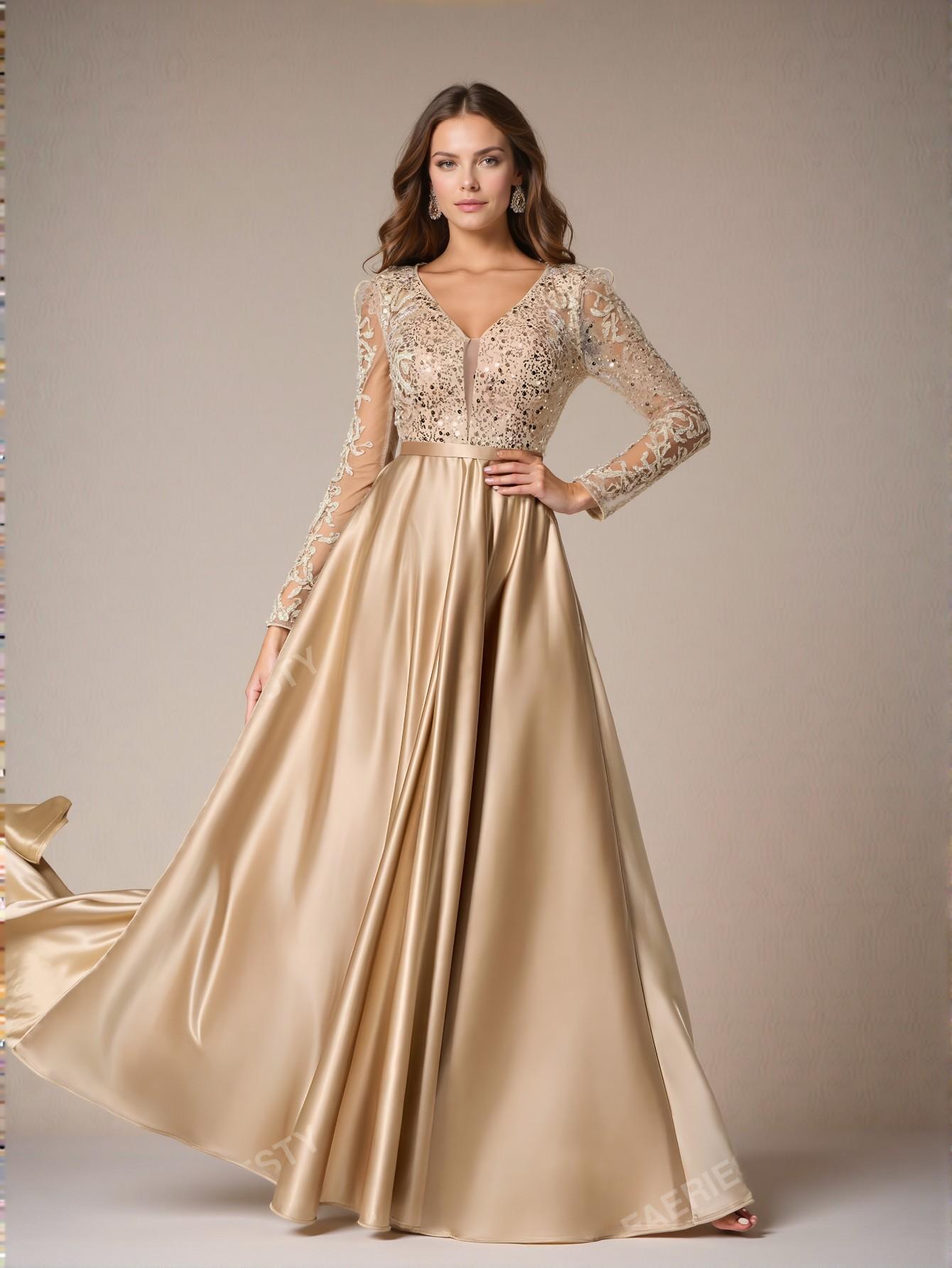 Elegant Champagne Glitzy Deep V Neck Sequin Bodice Flared Hem Gown, Perfect for party, prom, graduation day, and ceremony for university, college, and high school, Formal Evening Dinner Cocktail, Wedding Guest Gown, Chic, Classy and Trendy Fashion Style to Dress to Impress.