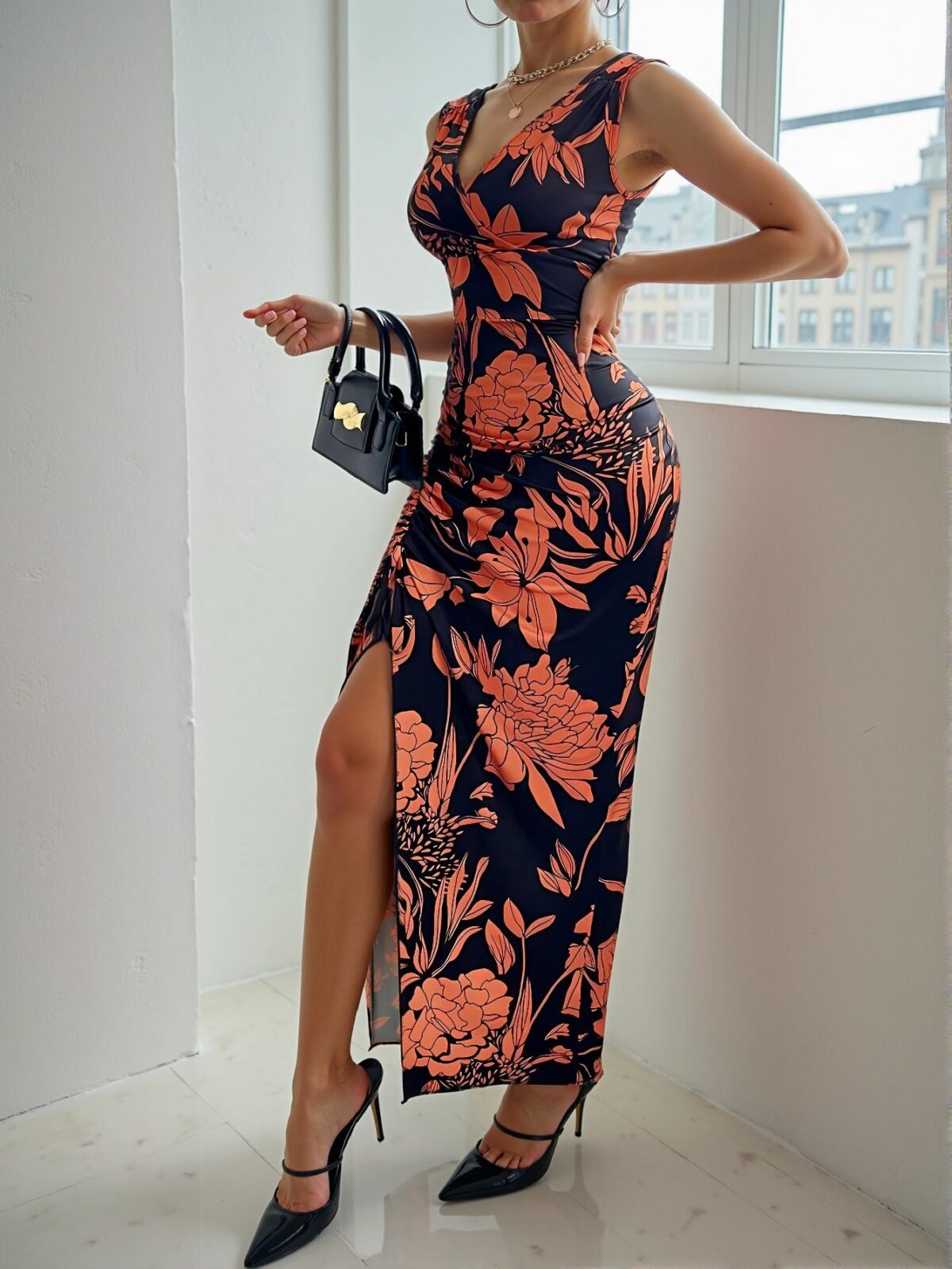 Elegant Orange Tropical Floral Back Slit Bodycon Maxi Dress, Perfectly Stylish for Spring and Summer Vacations, Chic, Classy and Trendy Fashion Style to Dress to Impress - Image 3