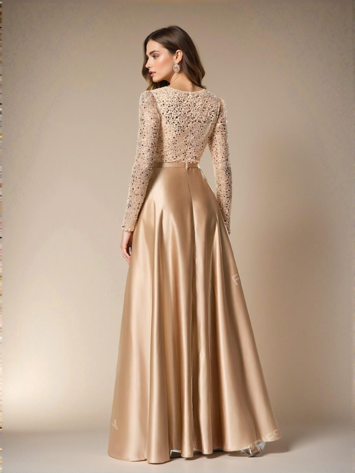 Elegant Champagne Glitzy Deep V Neck Sequin Bodice Flared Hem Gown, Perfect for party, prom, graduation day, and ceremony for university, college, and high school, Formal Evening Dinner Cocktail, Wedding Guest Gown, Chic, Classy and Trendy Fashion Style to Dress to Impress. - Image 2