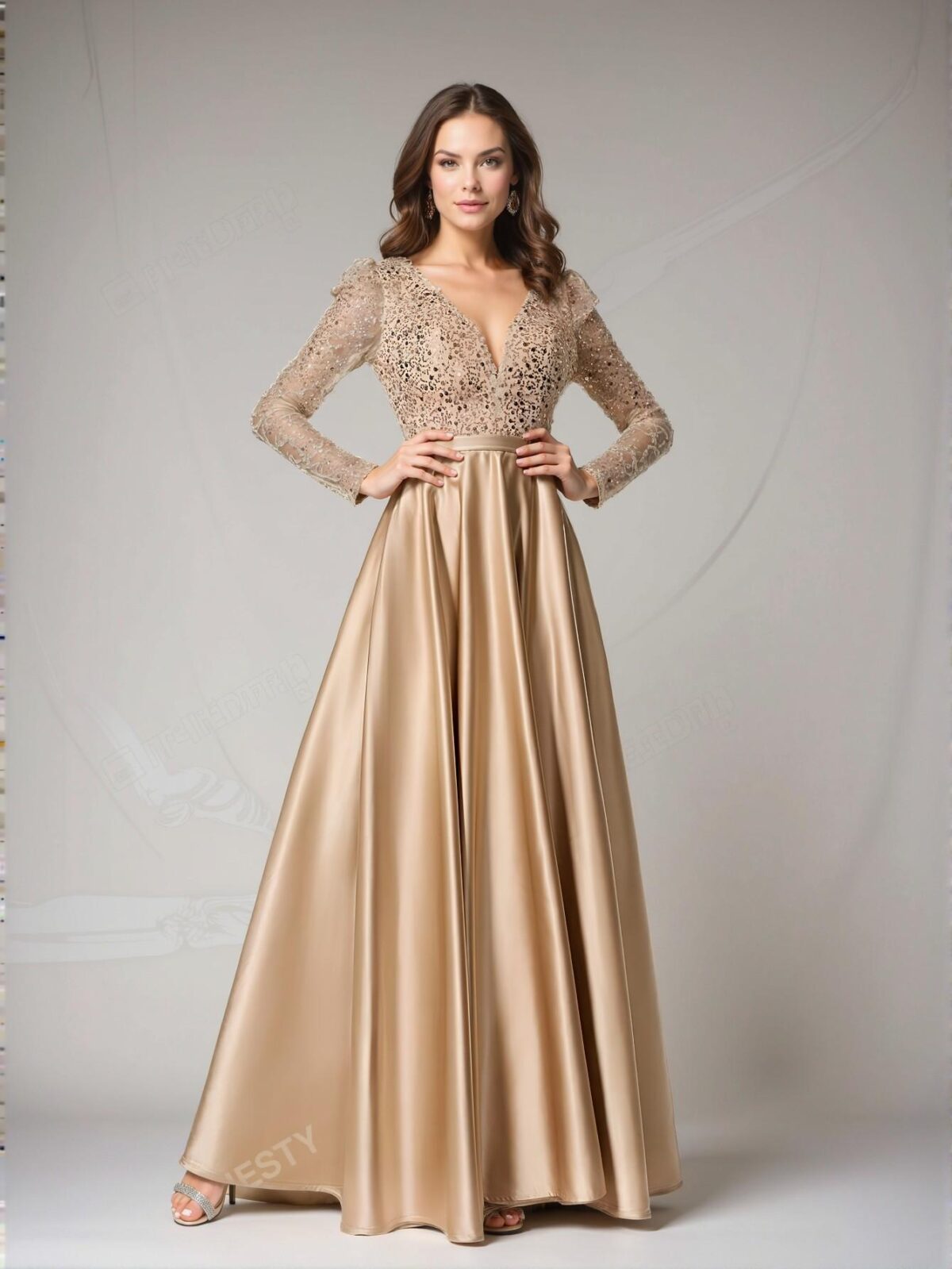 Elegant Champagne Glitzy Deep V Neck Sequin Bodice Flared Hem Gown, Perfect for party, prom, graduation day, and ceremony for university, college, and high school, Formal Evening Dinner Cocktail, Wedding Guest Gown, Chic, Classy and Trendy Fashion Style to Dress to Impress. - Image 3