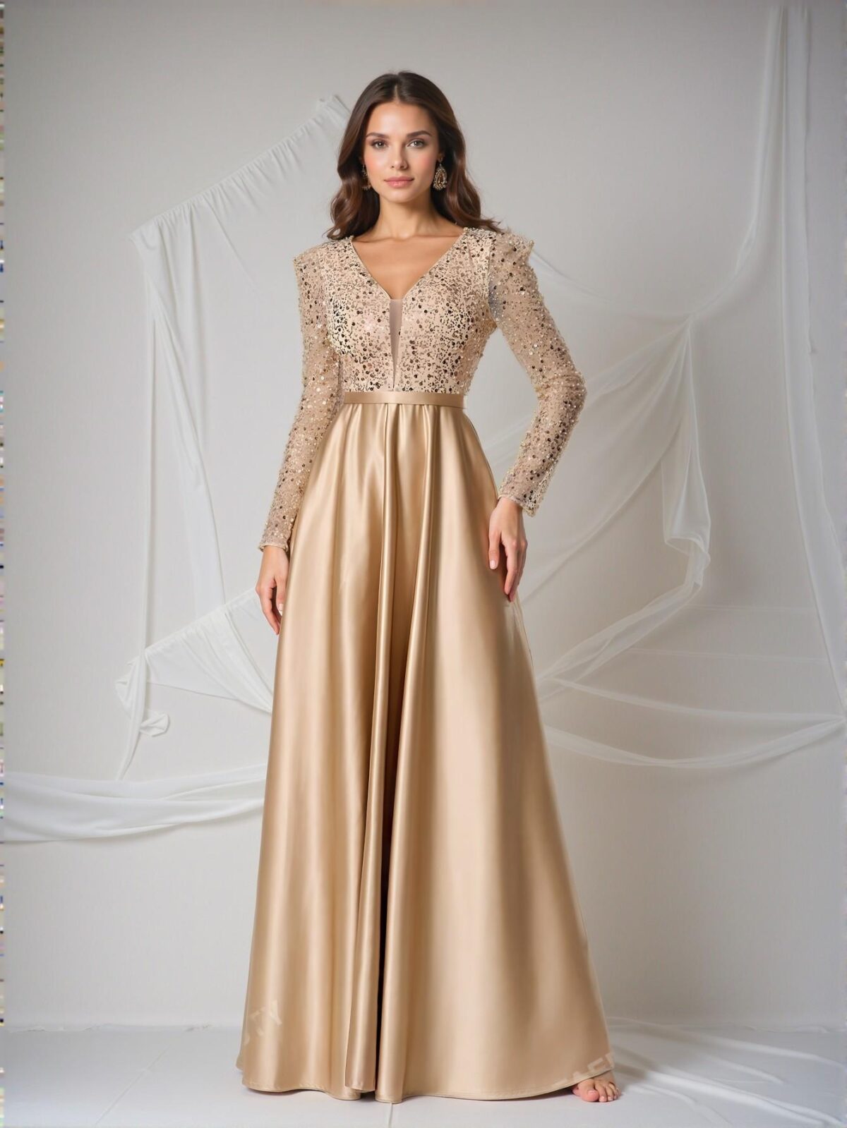 Elegant Champagne Glitzy Deep V Neck Sequin Bodice Flared Hem Gown, Perfect for party, prom, graduation day, and ceremony for university, college, and high school, Formal Evening Dinner Cocktail, Wedding Guest Gown, Chic, Classy and Trendy Fashion Style to Dress to Impress. - Image 4