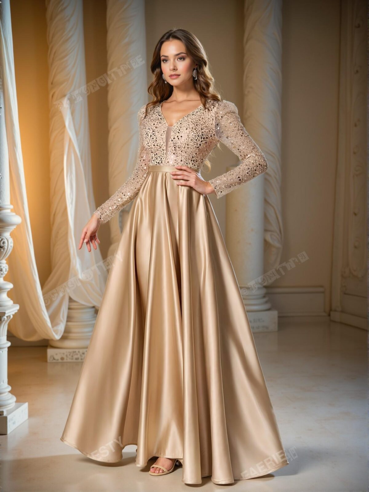 Elegant Champagne Glitzy Deep V Neck Sequin Bodice Flared Hem Gown, Perfect for party, prom, graduation day, and ceremony for university, college, and high school, Formal Evening Dinner Cocktail, Wedding Guest Gown, Chic, Classy and Trendy Fashion Style to Dress to Impress. - Image 5