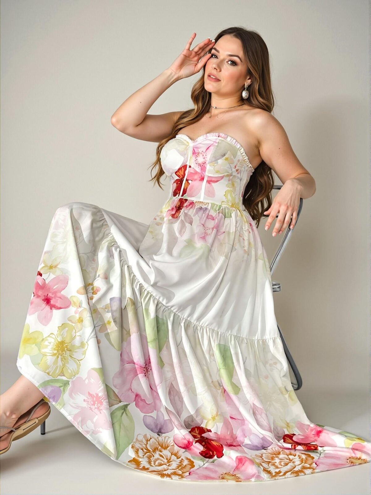 Elegant Multicolor Floral Print Ruffle Hem A-Line Dress with Fish Bone Design for Spring and Summer - Chic, Classy and Trendy Fashion Style to Dress to Impress