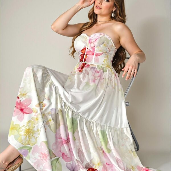 Elegant Multicolor Floral Print Ruffle Hem A-Line Dress with Fish Bone Design for Spring and Summer - Chic, Classy and Trendy Fashion Style to Dress to Impress