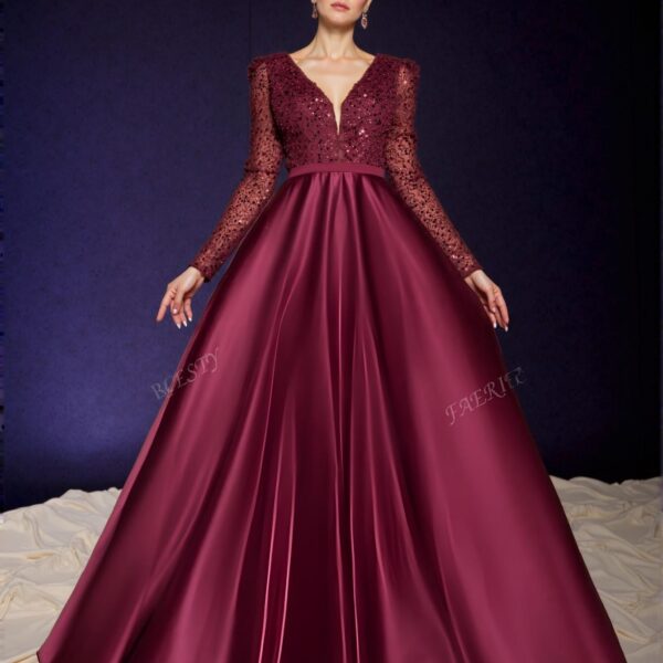 Elegant Burgundy Glamorous Plunging Neck Sequin Bodice Evening Gown with Contrast Satin Hem, Long Sleeve Design for Wedding Guest, Graduation, and Formal Events. Perfect for party, prom, graduation day, and ceremony for university, college, and high school, Formal Evening Dinner Cocktail, Wedding Guest Gown, Chic, Classy and Trendy Fashion Style to Dress to Impress.