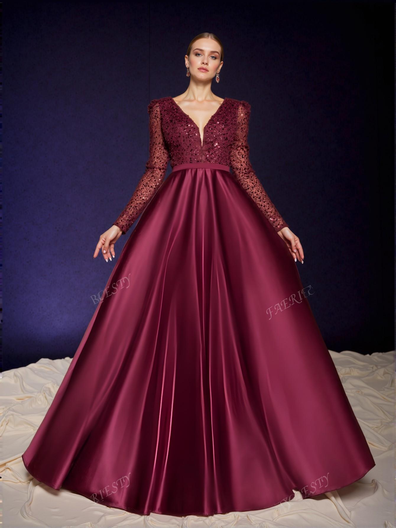 Elegant Burgundy Glamorous Plunging Neck Sequin Bodice Evening Gown with Contrast Satin Hem, Long Sleeve Design for Wedding Guest, Graduation, and Formal Events. Perfect for party, prom, graduation day, and ceremony for university, college, and high school, Formal Evening Dinner Cocktail, Wedding Guest Gown, Chic, Classy and Trendy Fashion Style to Dress to Impress.
