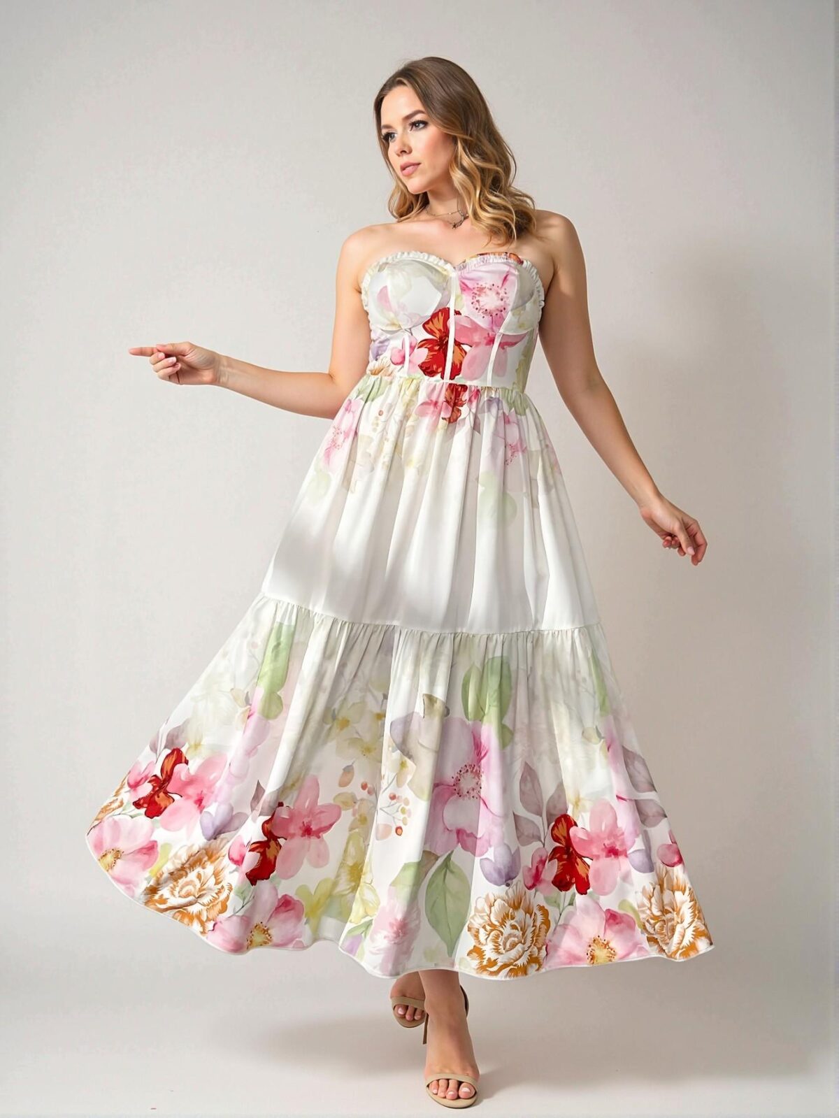 Elegant Multicolor Floral Print Ruffle Hem A-Line Dress with Fish Bone Design for Spring and Summer - Chic, Classy and Trendy Fashion Style to Dress to Impress - Image 3