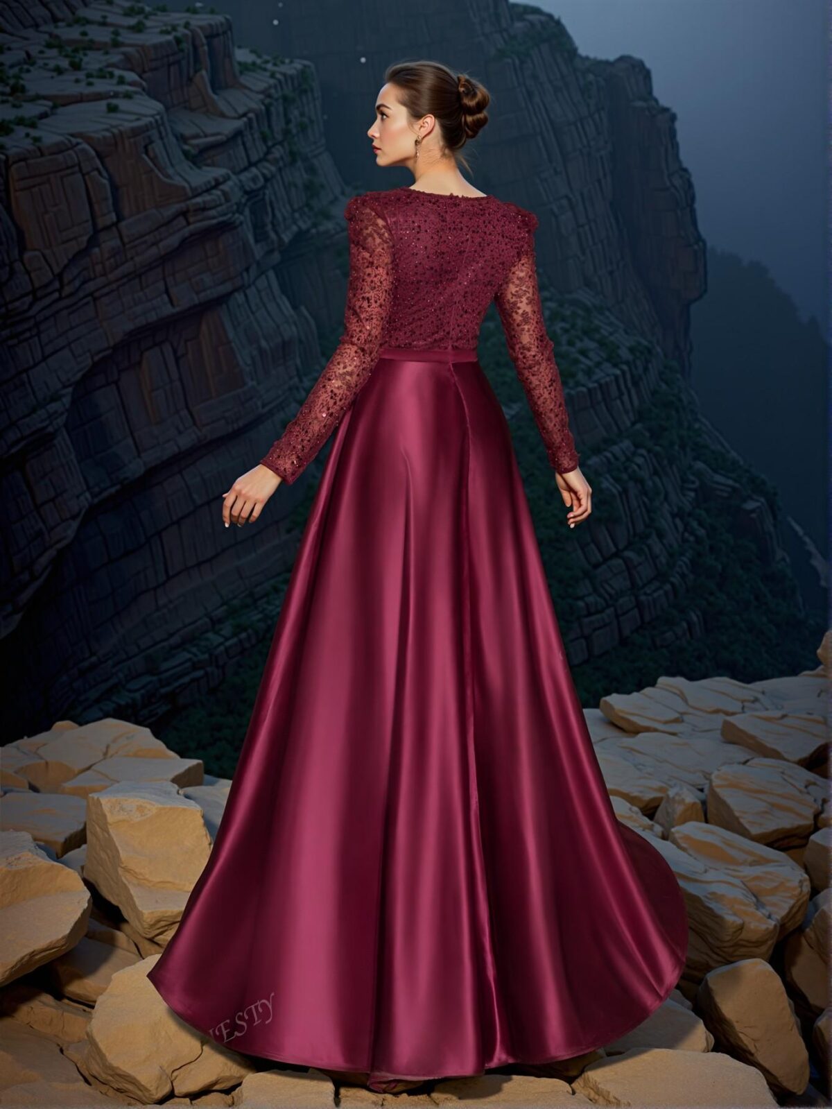 Elegant Burgundy Glamorous Plunging Neck Sequin Bodice Evening Gown with Contrast Satin Hem, Long Sleeve Design for Wedding Guest, Graduation, and Formal Events. Perfect for party, prom, graduation day, and ceremony for university, college, and high school, Formal Evening Dinner Cocktail, Wedding Guest Gown, Chic, Classy and Trendy Fashion Style to Dress to Impress. - Image 2
