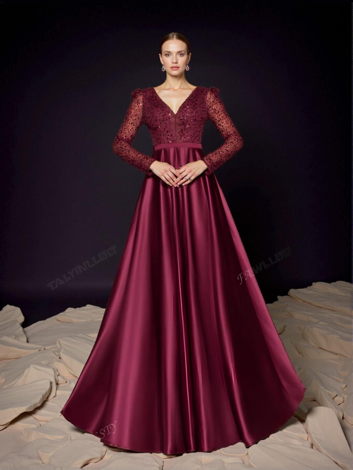 Elegant Burgundy Glamorous Plunging Neck Sequin Bodice Evening Gown with Contrast Satin Hem, Long Sleeve Design for Wedding Guest, Graduation, and Formal Events. Perfect for party, prom, graduation day, and ceremony for university, college, and high school, Formal Evening Dinner Cocktail, Wedding Guest Gown, Chic, Classy and Trendy Fashion Style to Dress to Impress. - Image 3