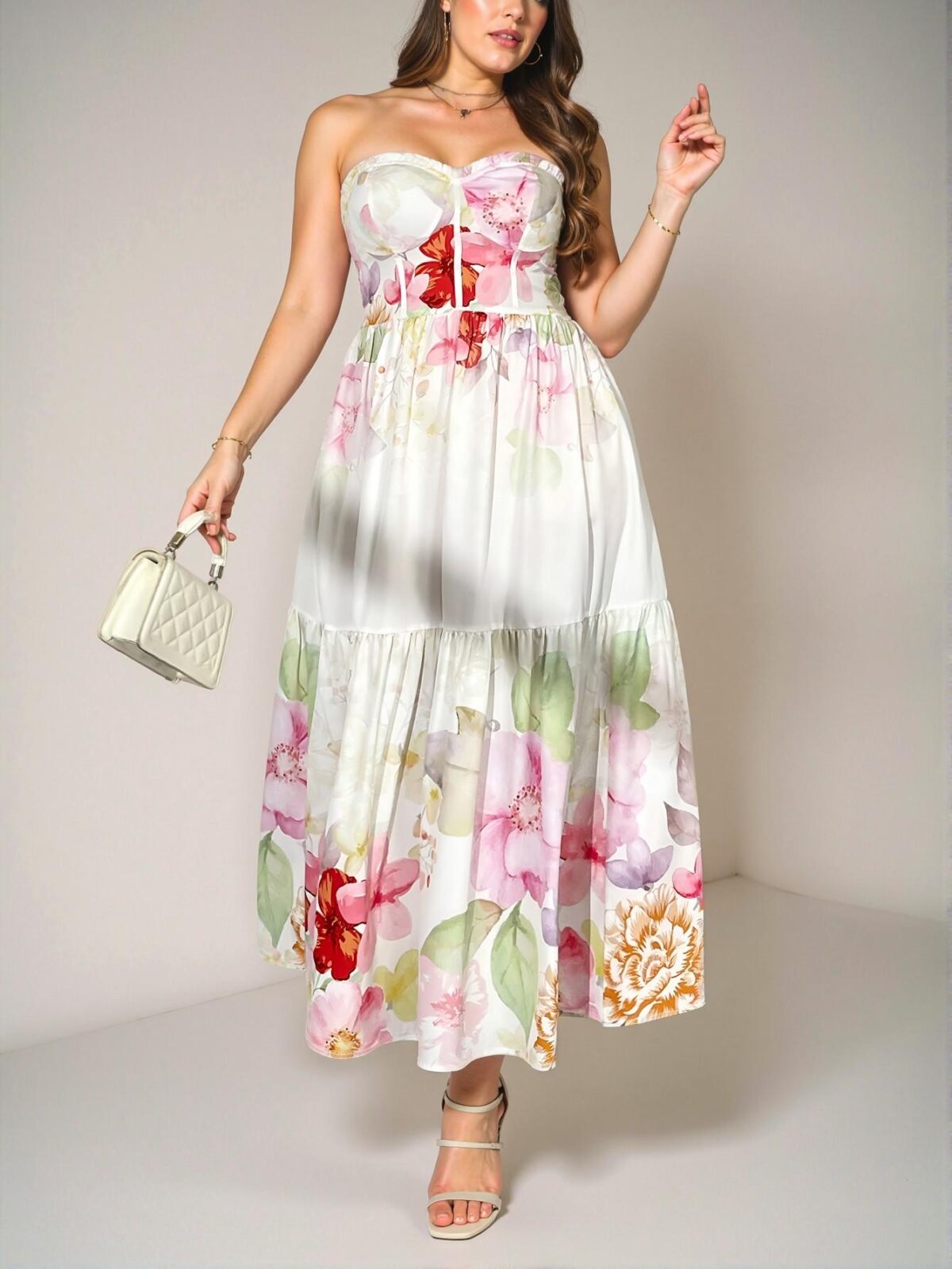 Elegant Multicolor Floral Print Ruffle Hem A-Line Dress with Fish Bone Design for Spring and Summer - Chic, Classy and Trendy Fashion Style to Dress to Impress - Image 4