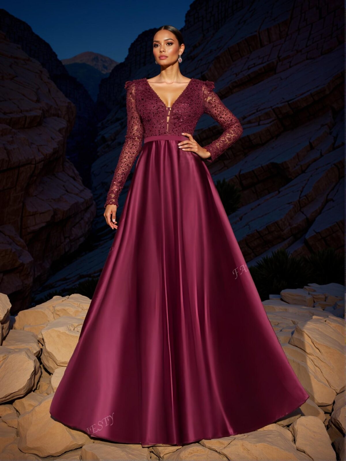 Elegant Burgundy Glamorous Plunging Neck Sequin Bodice Evening Gown with Contrast Satin Hem, Long Sleeve Design for Wedding Guest, Graduation, and Formal Events. Perfect for party, prom, graduation day, and ceremony for university, college, and high school, Formal Evening Dinner Cocktail, Wedding Guest Gown, Chic, Classy and Trendy Fashion Style to Dress to Impress. - Image 4
