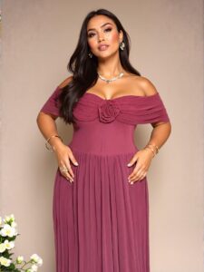 Elegant Pink Ruched Off Shoulder Midi Beach Dress with 3D Floral Accents, Comfortable and Stylish for Vacations and Summer Outings - Chic, Classy, and Trendy Fashion Style to Dress to Impress