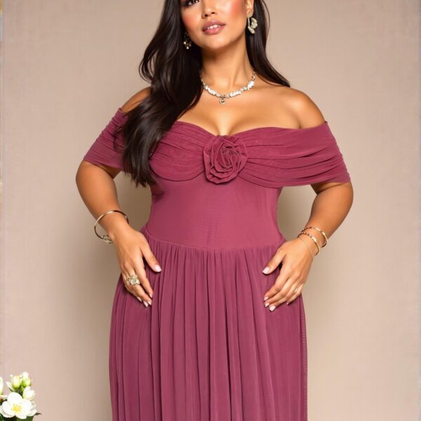 Elegant Pink Ruched Off Shoulder Midi Beach Dress with 3D Floral Accents, Comfortable and Stylish for Vacations and Summer Outings - Chic, Classy, and Trendy Fashion Style to Dress to Impress