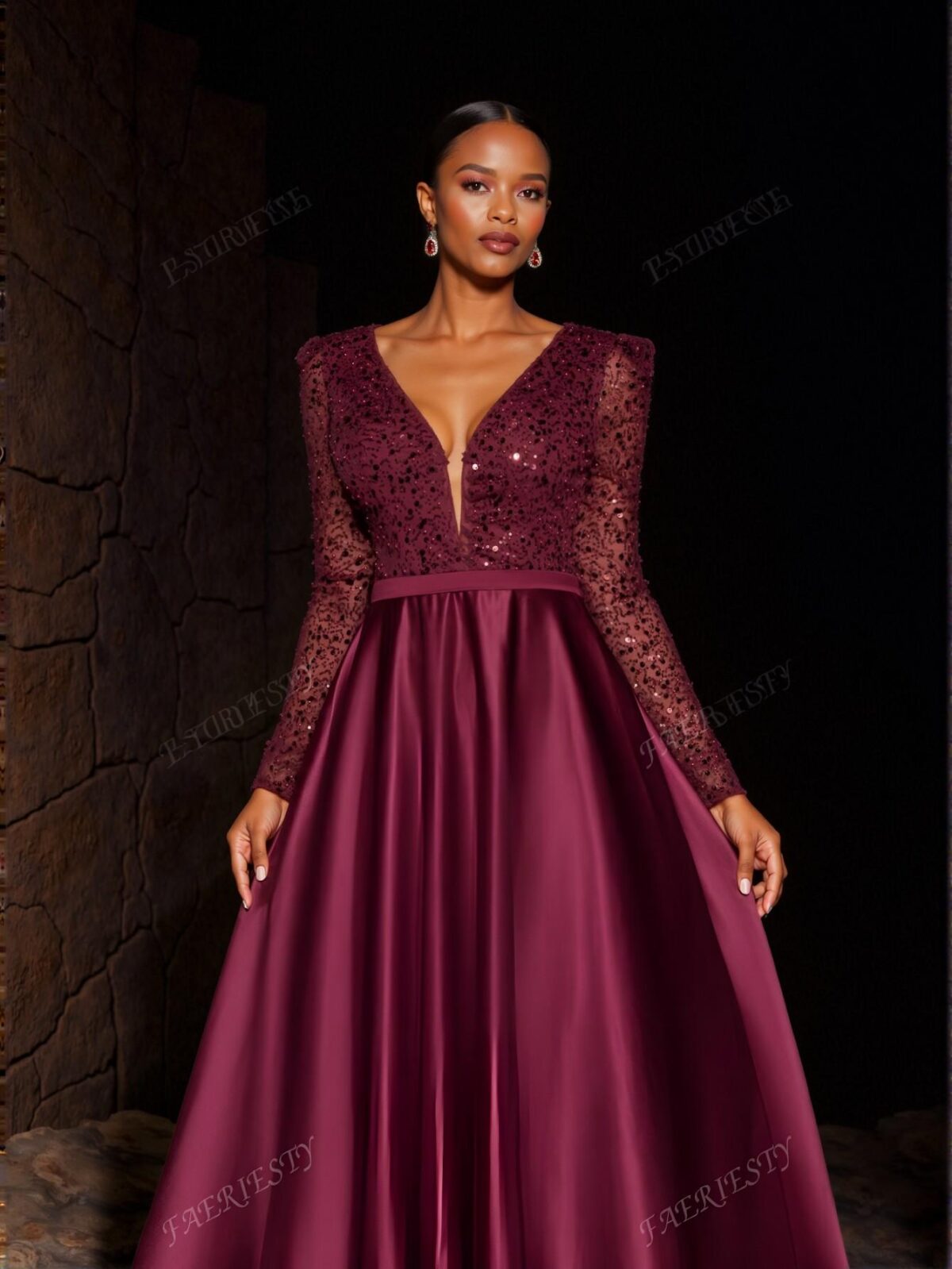 Elegant Burgundy Glamorous Plunging Neck Sequin Bodice Evening Gown with Contrast Satin Hem, Long Sleeve Design for Wedding Guest, Graduation, and Formal Events. Perfect for party, prom, graduation day, and ceremony for university, college, and high school, Formal Evening Dinner Cocktail, Wedding Guest Gown, Chic, Classy and Trendy Fashion Style to Dress to Impress. - Image 5