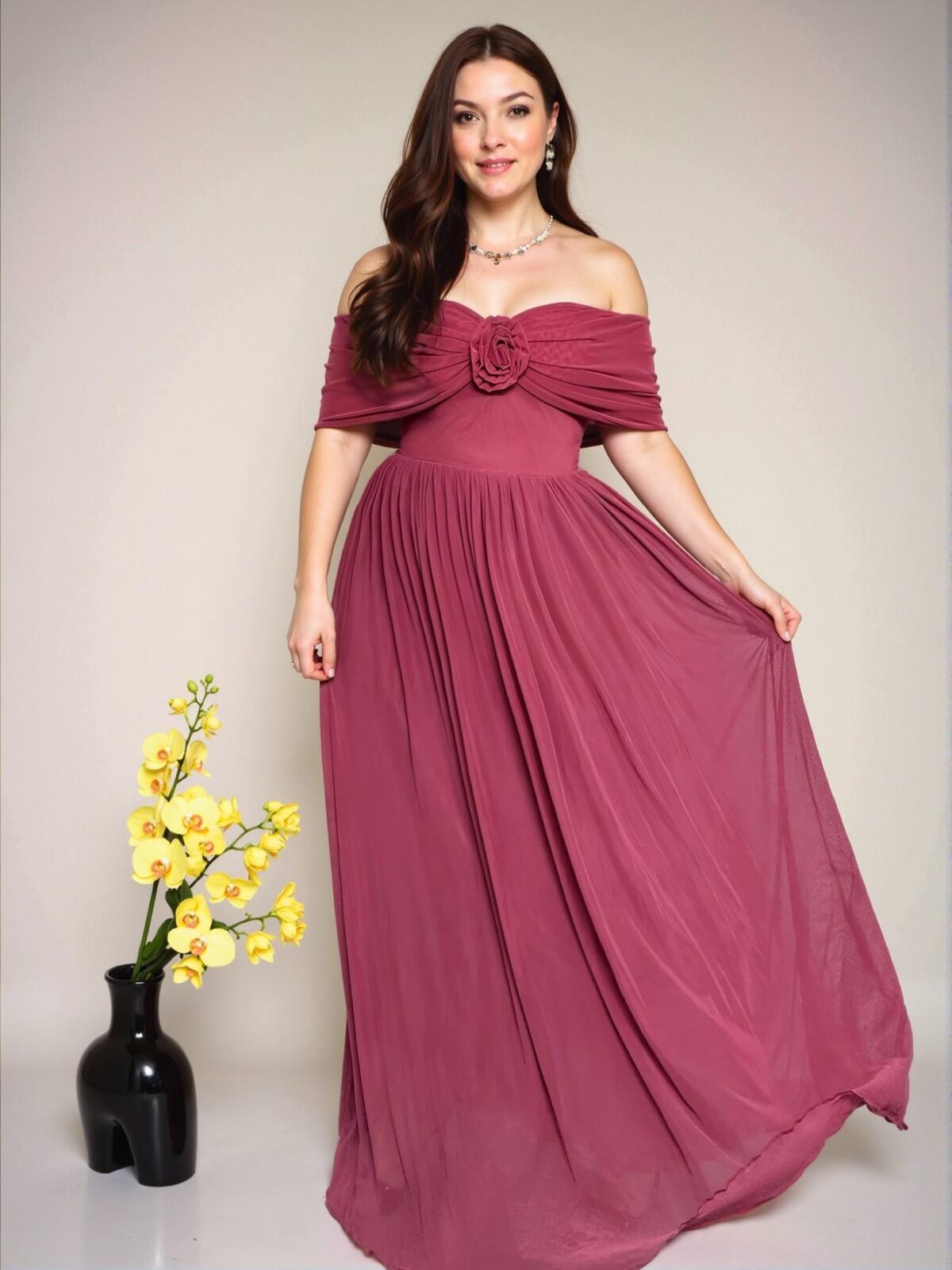 Elegant Pink Ruched Off Shoulder Midi Beach Dress with 3D Floral Accents, Comfortable and Stylish for Vacations and Summer Outings - Chic, Classy, and Trendy Fashion Style to Dress to Impress - Image 2
