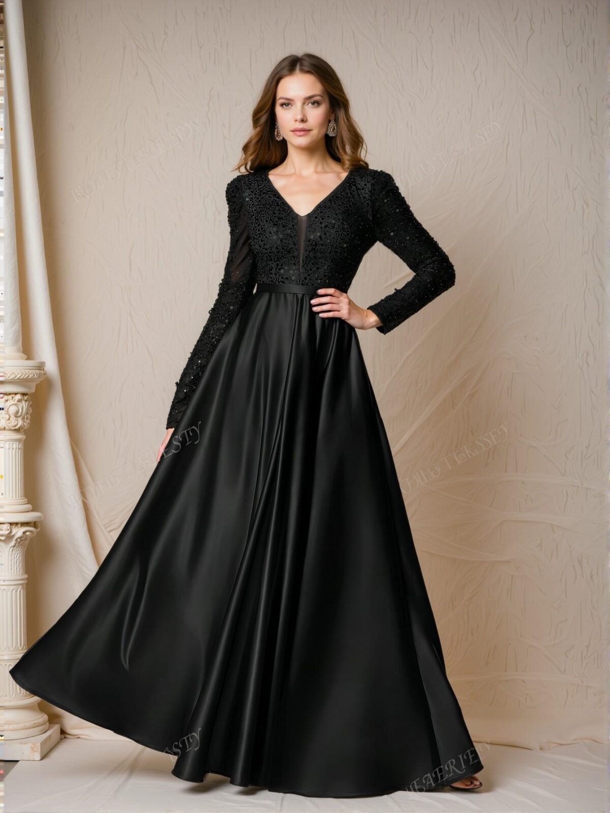 Elegant Black Deep V Neck Sequin Bodice A-Line Gown with Contrast Satin Hem for Formal Events, Perfect for party, prom, graduation day, and ceremony for university, college, and high school, Formal Evening Dinner Cocktail, Wedding Guest Gown, Chic, Classy and Trendy Fashion Style to Dress to Impress.