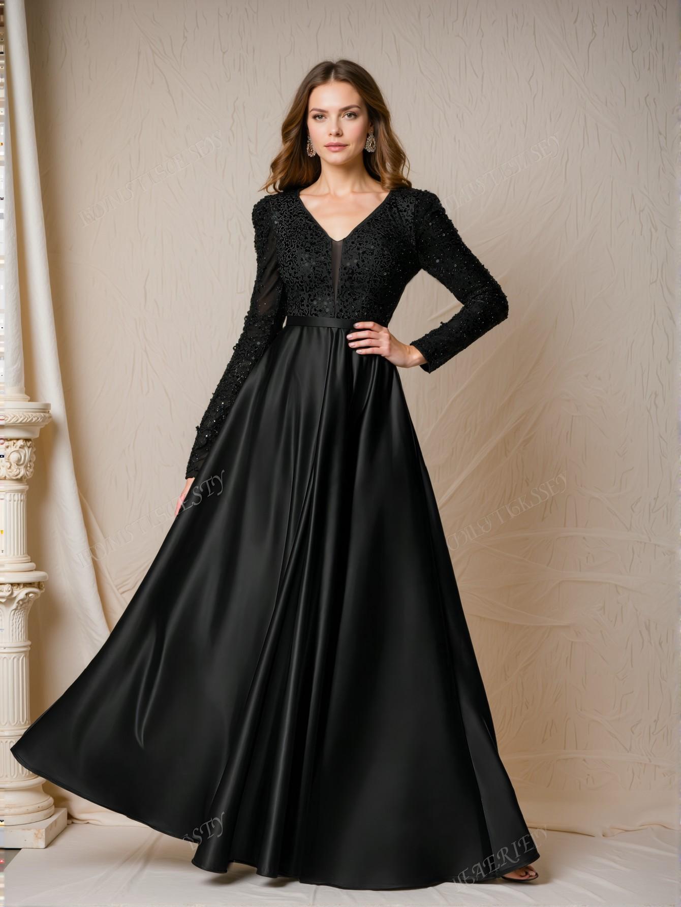 Elegant Black Deep V Neck Sequin Bodice A-Line Gown with Contrast Satin Hem for Formal Events, Perfect for party, prom, graduation day, and ceremony for university, college, and high school, Formal Evening Dinner Cocktail, Wedding Guest Gown, Chic, Classy and Trendy Fashion Style to Dress to Impress.