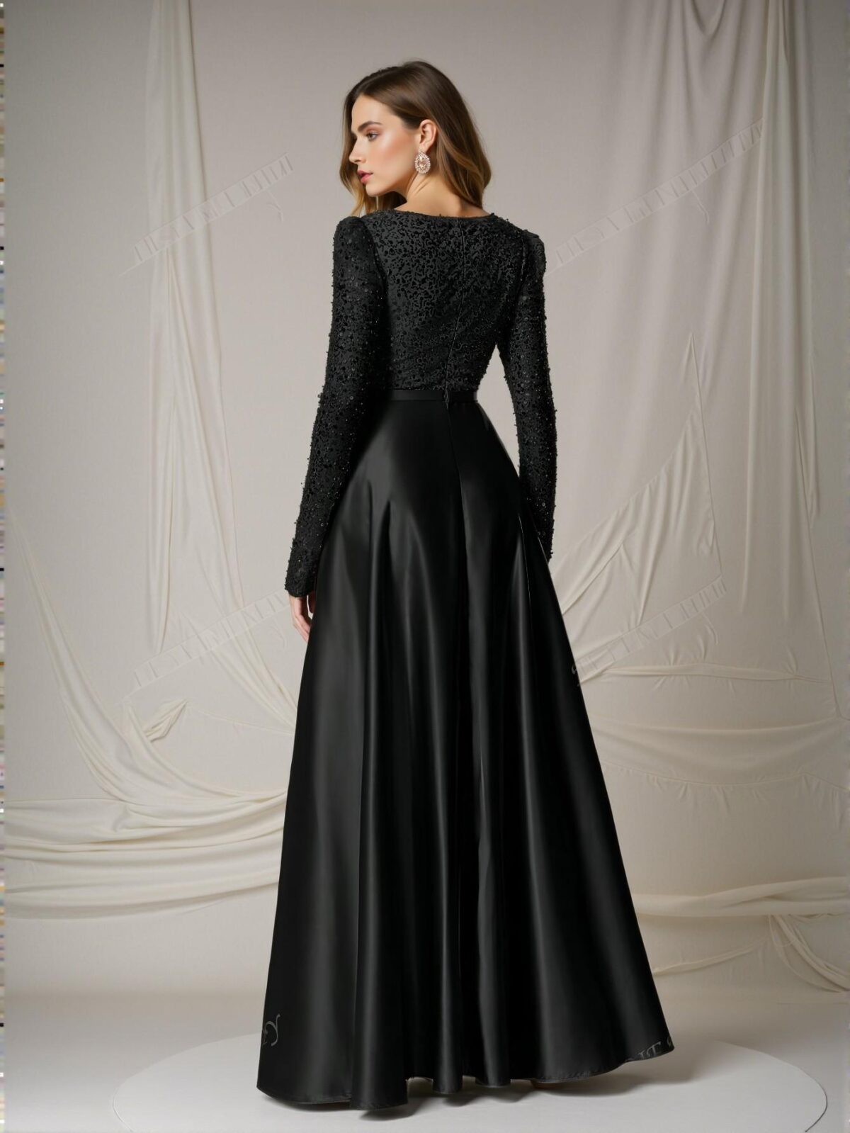 Elegant Black Deep V Neck Sequin Bodice A-Line Gown with Contrast Satin Hem for Formal Events, Perfect for party, prom, graduation day, and ceremony for university, college, and high school, Formal Evening Dinner Cocktail, Wedding Guest Gown, Chic, Classy and Trendy Fashion Style to Dress to Impress. - Image 2