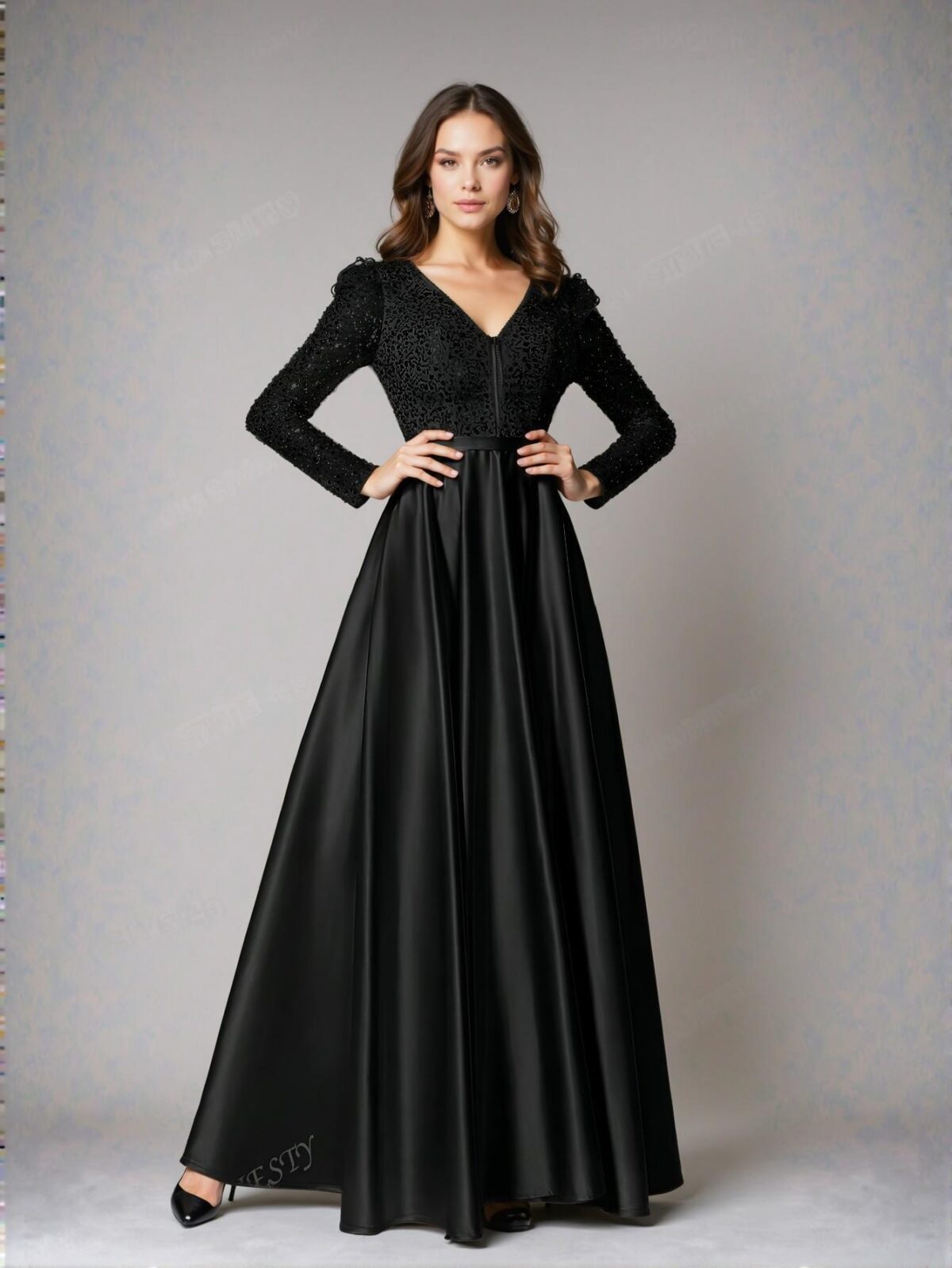 Elegant Black Deep V Neck Sequin Bodice A-Line Gown with Contrast Satin Hem for Formal Events, Perfect for party, prom, graduation day, and ceremony for university, college, and high school, Formal Evening Dinner Cocktail, Wedding Guest Gown, Chic, Classy and Trendy Fashion Style to Dress to Impress. - Image 3