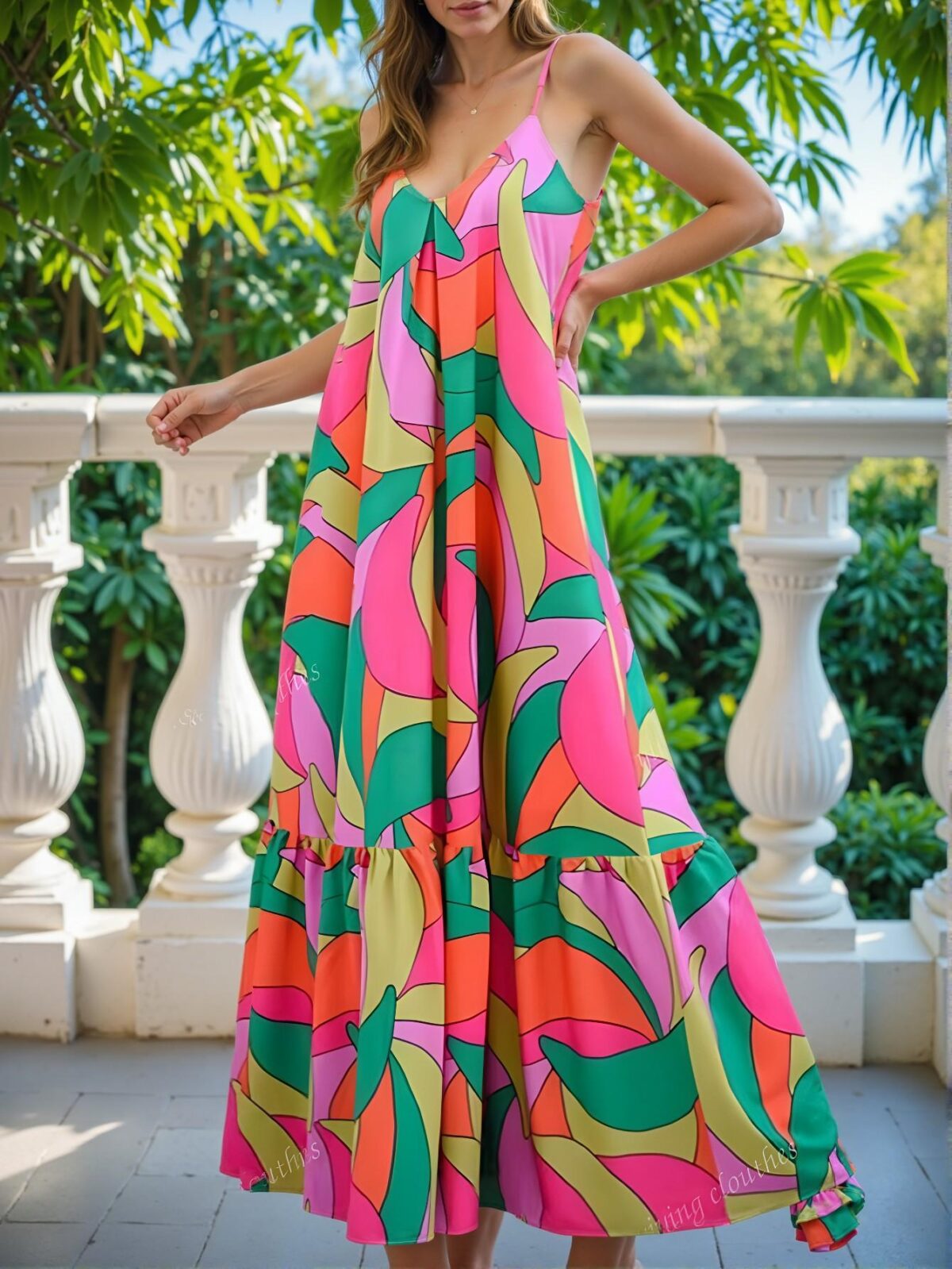Elegant Multicolor Stylish Allover Print Ruffle Hem Casual Slip Dress for Spring and Summer - Chic, Classy and Trendy Fashion Style to Dress to Impress