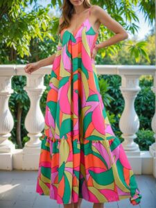 Elegant Multicolor Stylish Allover Print Ruffle Hem Casual Slip Dress for Spring and Summer - Chic, Classy and Trendy Fashion Style to Dress to Impress