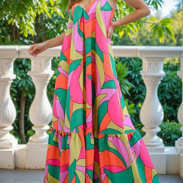 Elegant Multicolor Stylish Allover Print Ruffle Hem Casual Slip Dress for Spring and Summer - Chic, Classy and Trendy Fashion Style to Dress to Impress