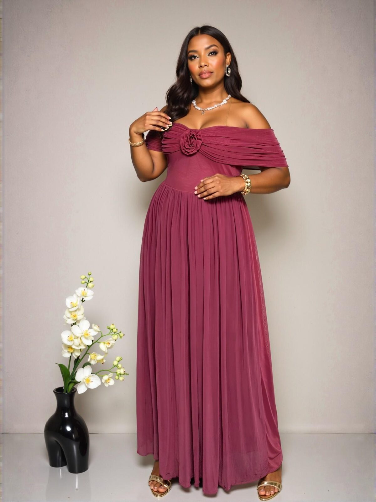 Elegant Pink Ruched Off Shoulder Midi Beach Dress with 3D Floral Accents, Comfortable and Stylish for Vacations and Summer Outings - Chic, Classy, and Trendy Fashion Style to Dress to Impress - Image 5