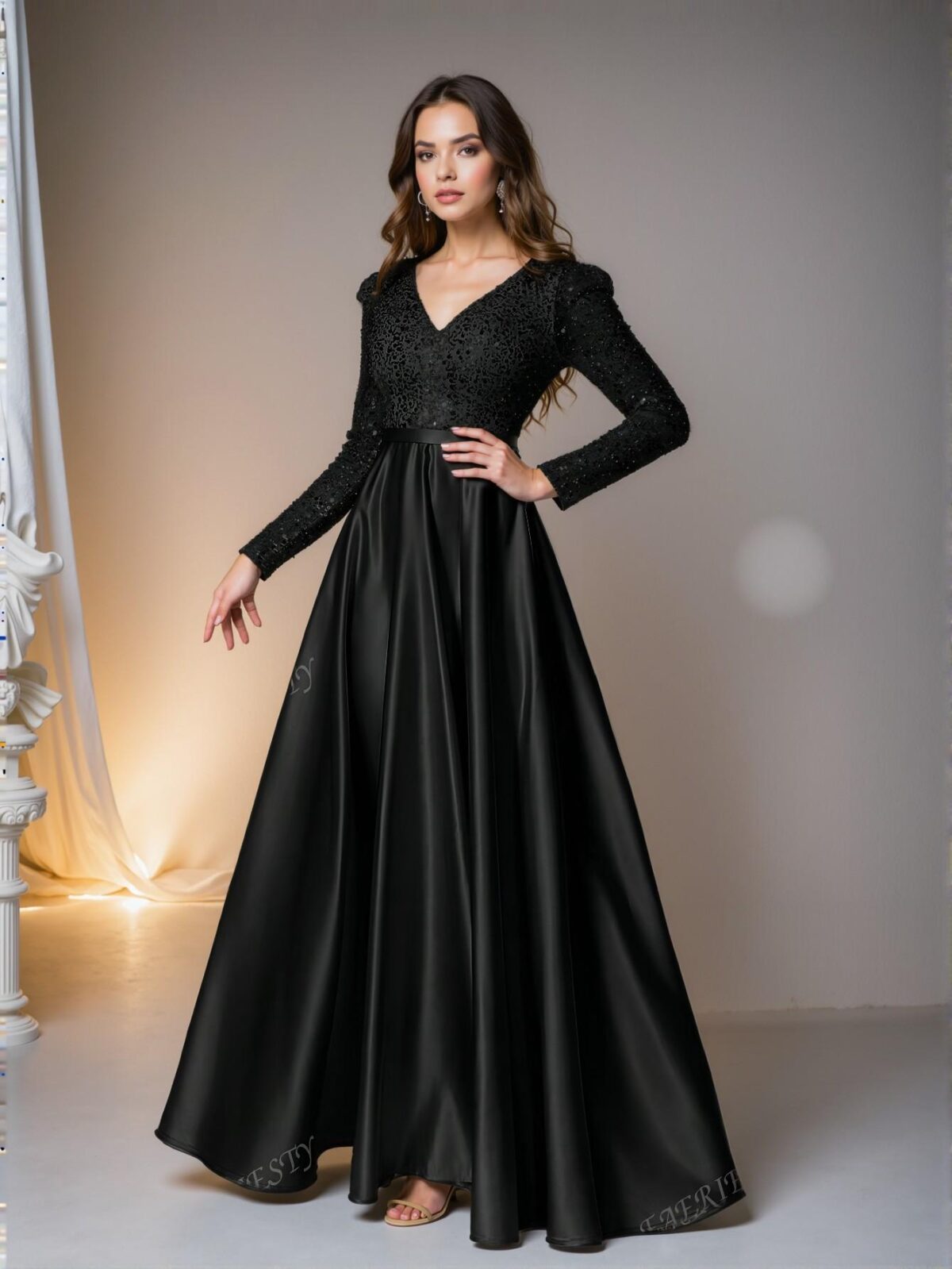 Elegant Black Deep V Neck Sequin Bodice A-Line Gown with Contrast Satin Hem for Formal Events, Perfect for party, prom, graduation day, and ceremony for university, college, and high school, Formal Evening Dinner Cocktail, Wedding Guest Gown, Chic, Classy and Trendy Fashion Style to Dress to Impress. - Image 4