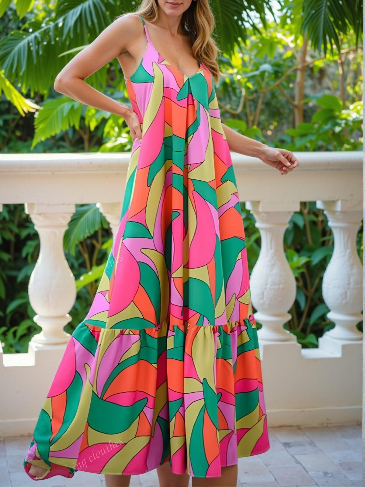 Elegant Multicolor Stylish Allover Print Ruffle Hem Casual Slip Dress for Spring and Summer - Chic, Classy and Trendy Fashion Style to Dress to Impress - Image 2