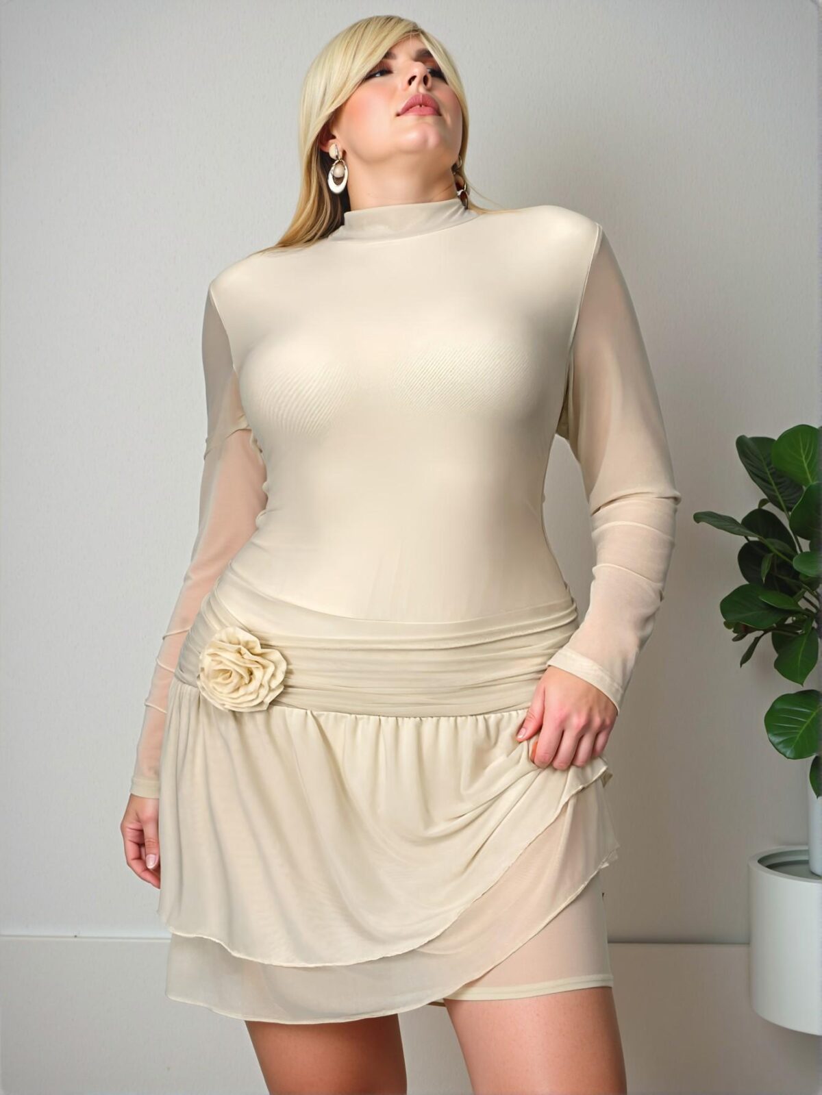 Elegant Apricot "Refined Plus Size Dress for Office, Events, and Beach Getaways with 3D Floral Ruffle Hem and Tulle Details" "Chic, Classy and Trendy Fashion Style to Dress to Impress"