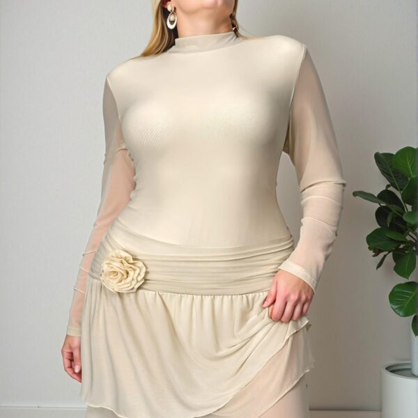 Elegant Apricot "Refined Plus Size Dress for Office, Events, and Beach Getaways with 3D Floral Ruffle Hem and Tulle Details" "Chic, Classy and Trendy Fashion Style to Dress to Impress"