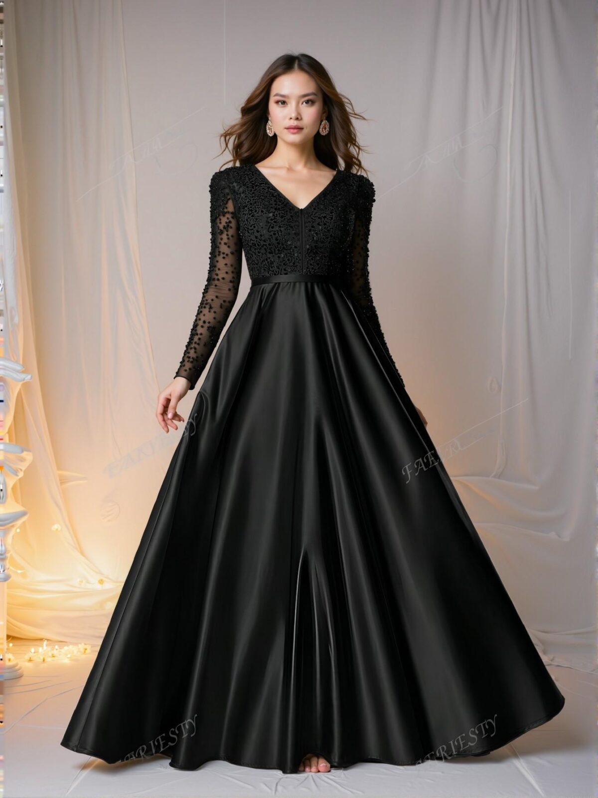 Elegant Black Deep V Neck Sequin Bodice A-Line Gown with Contrast Satin Hem for Formal Events, Perfect for party, prom, graduation day, and ceremony for university, college, and high school, Formal Evening Dinner Cocktail, Wedding Guest Gown, Chic, Classy and Trendy Fashion Style to Dress to Impress. - Image 5