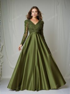 Elegant Olive Green Glamorous Deep V Neck Sequin Bodice Contrast Satin Hem Formal Dress, Special Occasion Gown, Trendy Evening Attire for Weddings, Perfect for party, prom, graduation day, and ceremony for university, college, and high school, Formal Evening Dinner Cocktail, Wedding Guest Gown, Chic, Classy and Trendy Fashion Style to Dress to Impress.