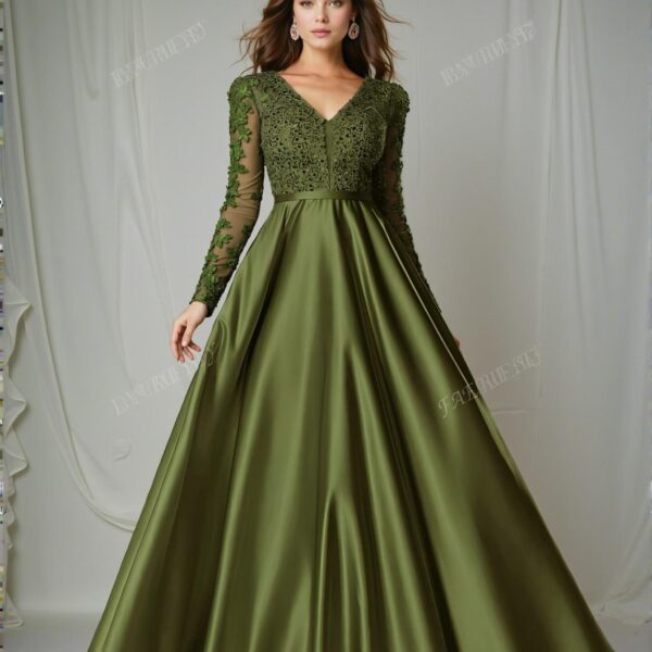 Elegant Olive Green Glamorous Deep V Neck Sequin Bodice Contrast Satin Hem Formal Dress, Special Occasion Gown, Trendy Evening Attire for Weddings, Perfect for party, prom, graduation day, and ceremony for university, college, and high school, Formal Evening Dinner Cocktail, Wedding Guest Gown, Chic, Classy and Trendy Fashion Style to Dress to Impress.