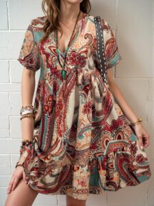 Elegant Multicolor Boho V-Neck Allover Print Smock Dress with Ruffle Hem for Spring and Summer - Chic, Classy and Trendy Fashion Style to Dress to Impress