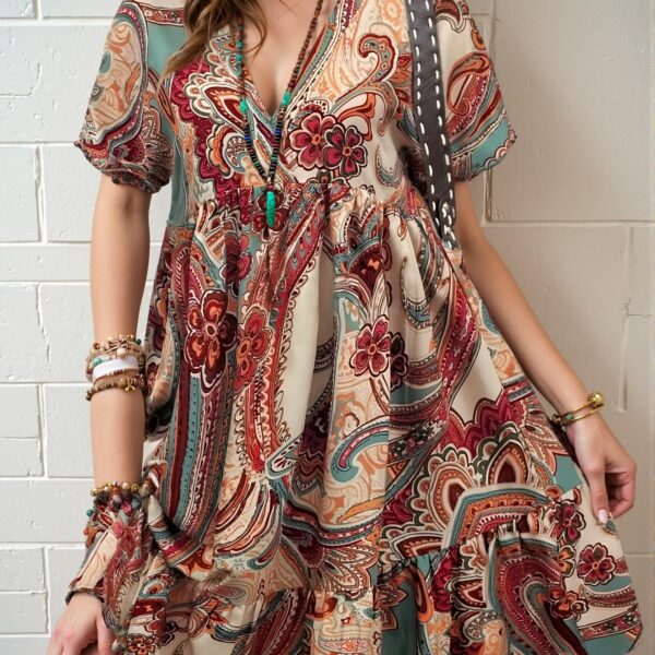Elegant Multicolor Boho V-Neck Allover Print Smock Dress with Ruffle Hem for Spring and Summer - Chic, Classy and Trendy Fashion Style to Dress to Impress