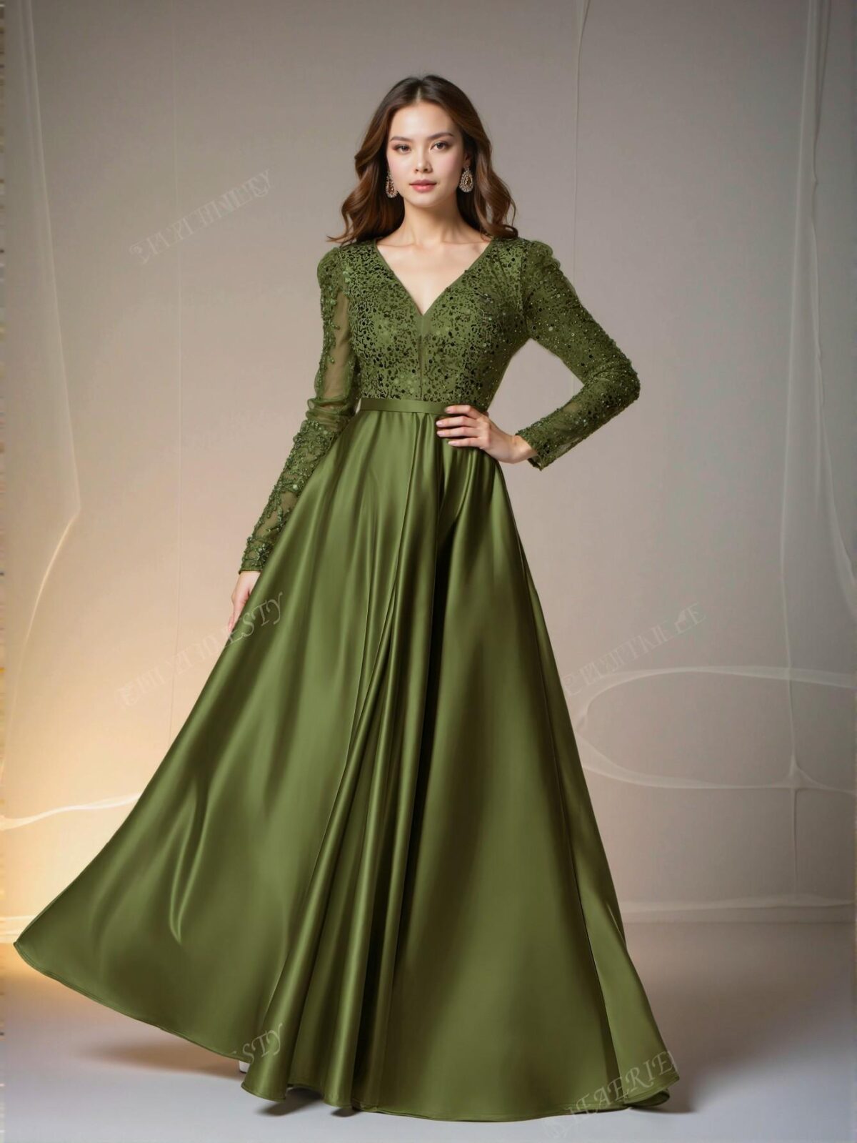 Elegant Olive Green Glamorous Deep V Neck Sequin Bodice Contrast Satin Hem Formal Dress, Special Occasion Gown, Trendy Evening Attire for Weddings, Perfect for party, prom, graduation day, and ceremony for university, college, and high school, Formal Evening Dinner Cocktail, Wedding Guest Gown, Chic, Classy and Trendy Fashion Style to Dress to Impress. - Image 3