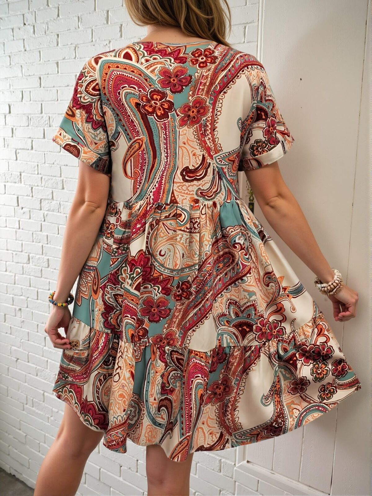 Elegant Multicolor Boho V-Neck Allover Print Smock Dress with Ruffle Hem for Spring and Summer - Chic, Classy and Trendy Fashion Style to Dress to Impress - Image 2