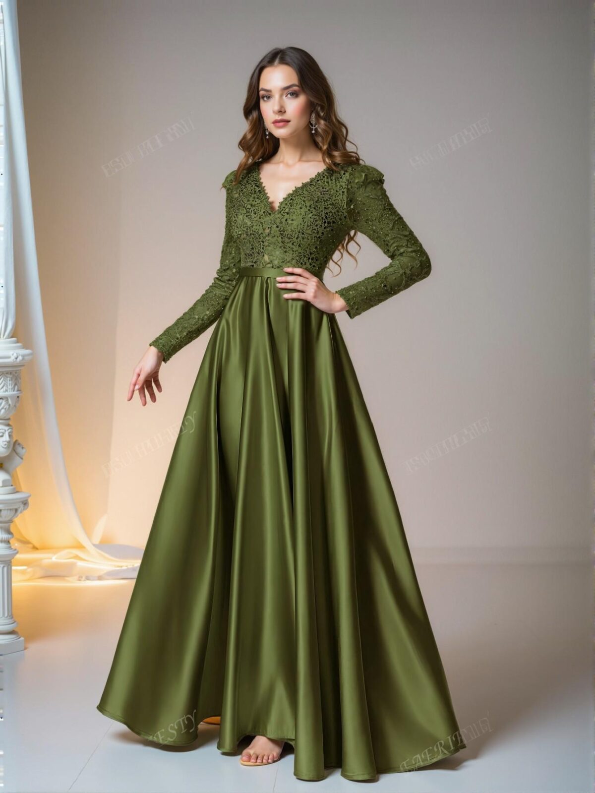 Elegant Olive Green Glamorous Deep V Neck Sequin Bodice Contrast Satin Hem Formal Dress, Special Occasion Gown, Trendy Evening Attire for Weddings, Perfect for party, prom, graduation day, and ceremony for university, college, and high school, Formal Evening Dinner Cocktail, Wedding Guest Gown, Chic, Classy and Trendy Fashion Style to Dress to Impress. - Image 4