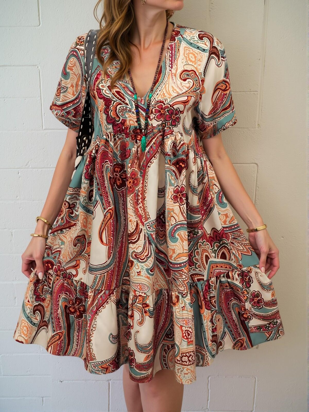 Elegant Multicolor Boho V-Neck Allover Print Smock Dress with Ruffle Hem for Spring and Summer - Chic, Classy and Trendy Fashion Style to Dress to Impress - Image 3