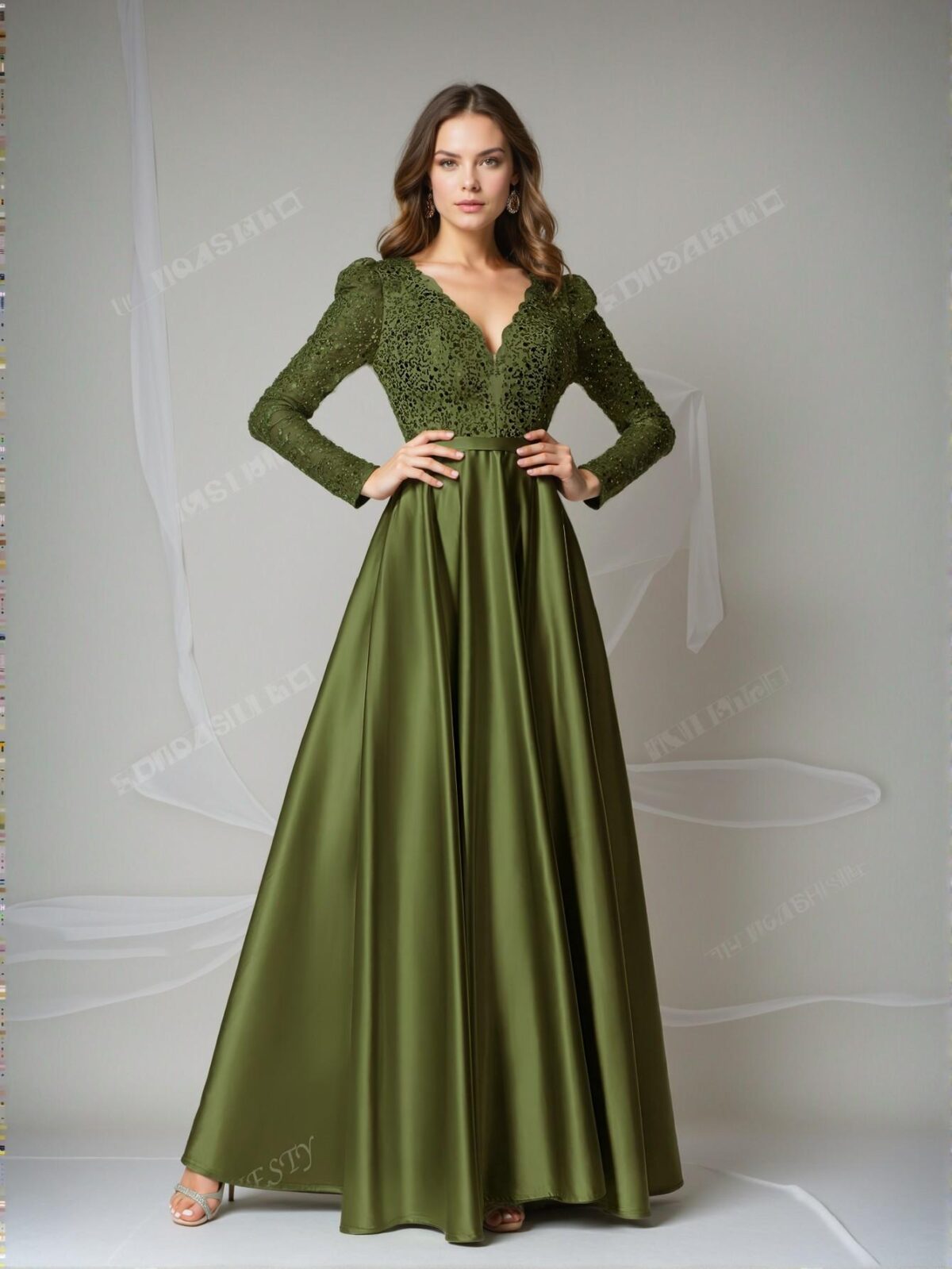 Elegant Olive Green Glamorous Deep V Neck Sequin Bodice Contrast Satin Hem Formal Dress, Special Occasion Gown, Trendy Evening Attire for Weddings, Perfect for party, prom, graduation day, and ceremony for university, college, and high school, Formal Evening Dinner Cocktail, Wedding Guest Gown, Chic, Classy and Trendy Fashion Style to Dress to Impress. - Image 5