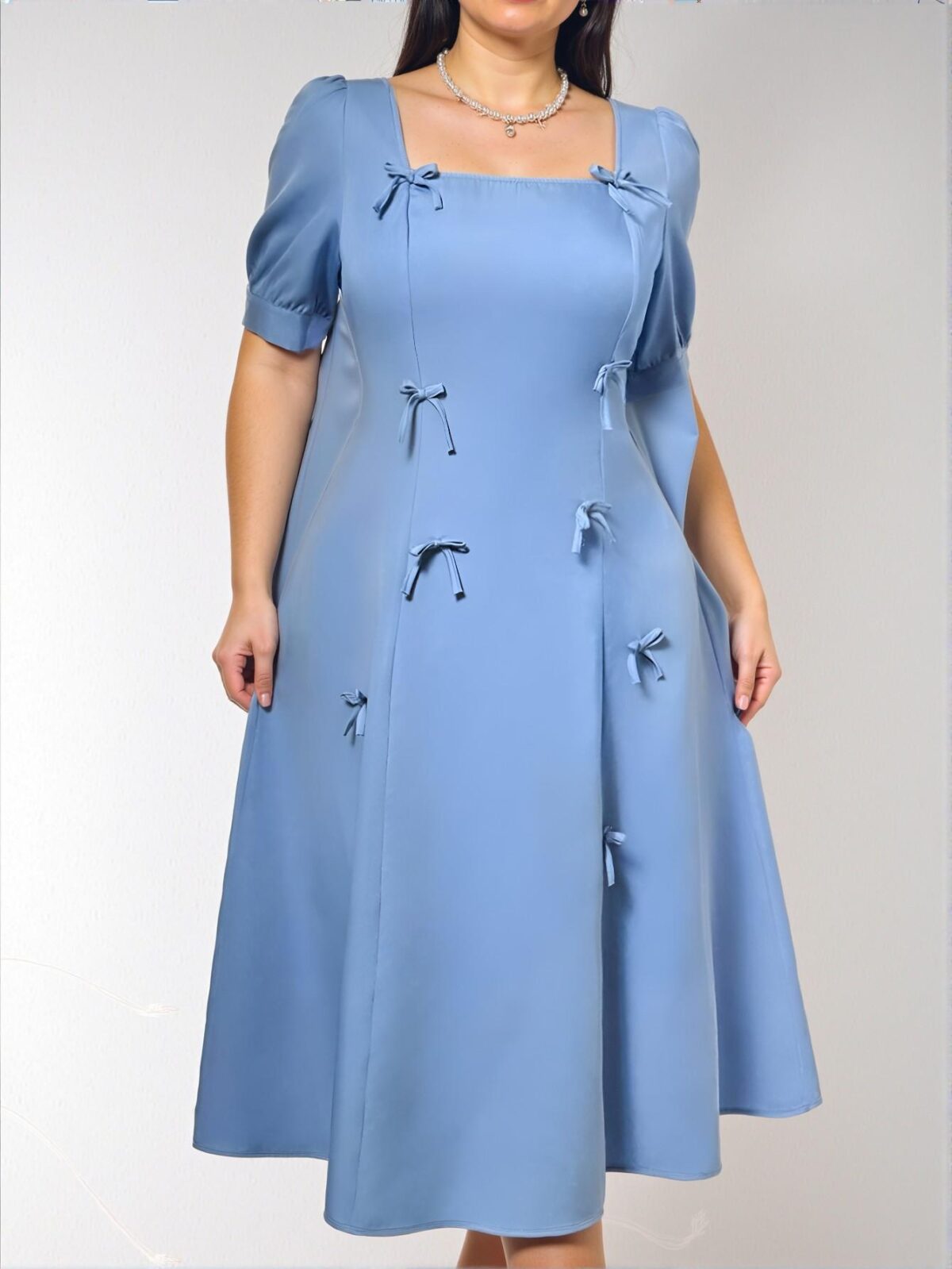 Elegant Blue Puff Sleeve A-Line Dress with Double Bow Details for Romantic Casual Days, Perfect for Dates and Summer Gatherings - Chic, Classy, and Trendy Fashion Style to Dress to Impress