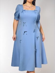Elegant Blue Puff Sleeve A-Line Dress with Double Bow Details for Romantic Casual Days, Perfect for Dates and Summer Gatherings - Chic, Classy, and Trendy Fashion Style to Dress to Impress