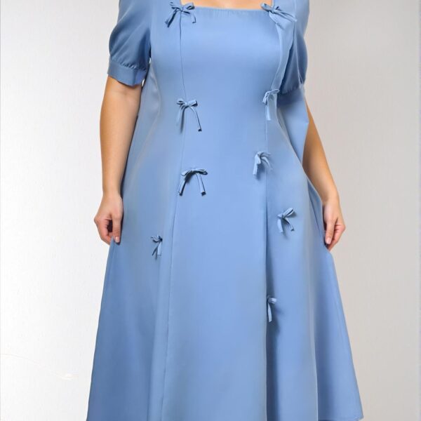 Elegant Blue Puff Sleeve A-Line Dress with Double Bow Details for Romantic Casual Days, Perfect for Dates and Summer Gatherings - Chic, Classy, and Trendy Fashion Style to Dress to Impress