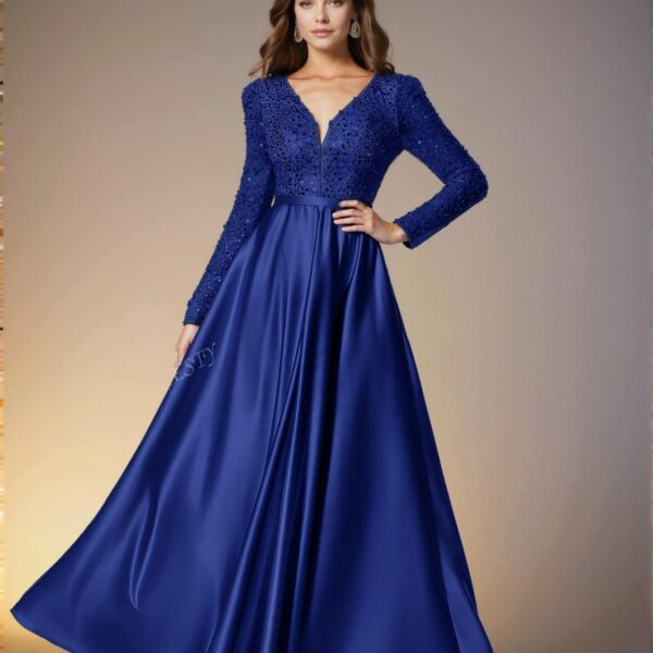 Elegant Royal Blue Glamorous Plunging Neck Sequin Bodice with Contrast Satin Hem Dress Perfect for party, prom, graduation day, and ceremony for university, college, and high school, Formal Evening Dinner Cocktail, Wedding Guest Gown, Chic, Classy and Trendy Fashion Style to Dress to Impress.